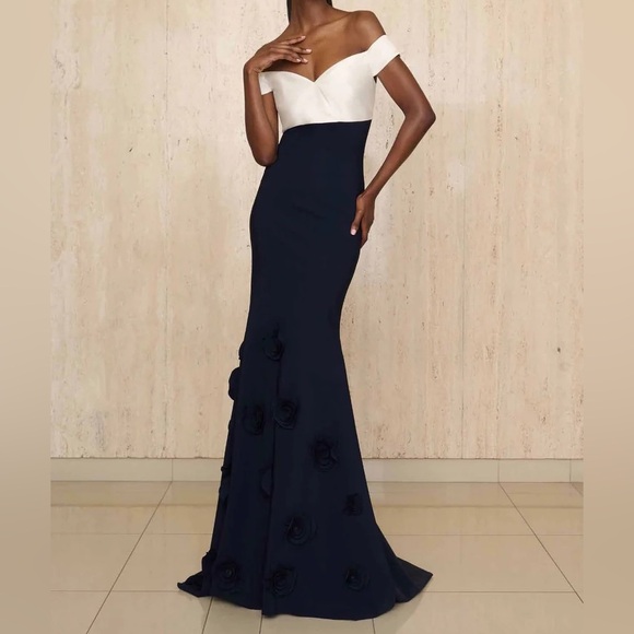 greta constantine Dresses & Skirts - Greta Constantine Goro Off-the-Shoulder Empire Waist Gown Black & White | Size 6